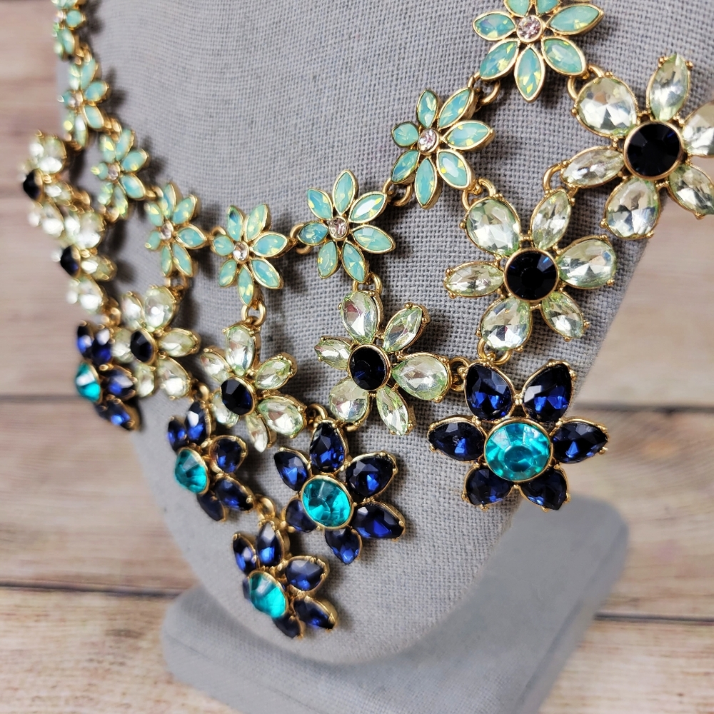 Rhinestone Statement Necklace Jeweled Blue Green Flower  Bib Unique Gold…